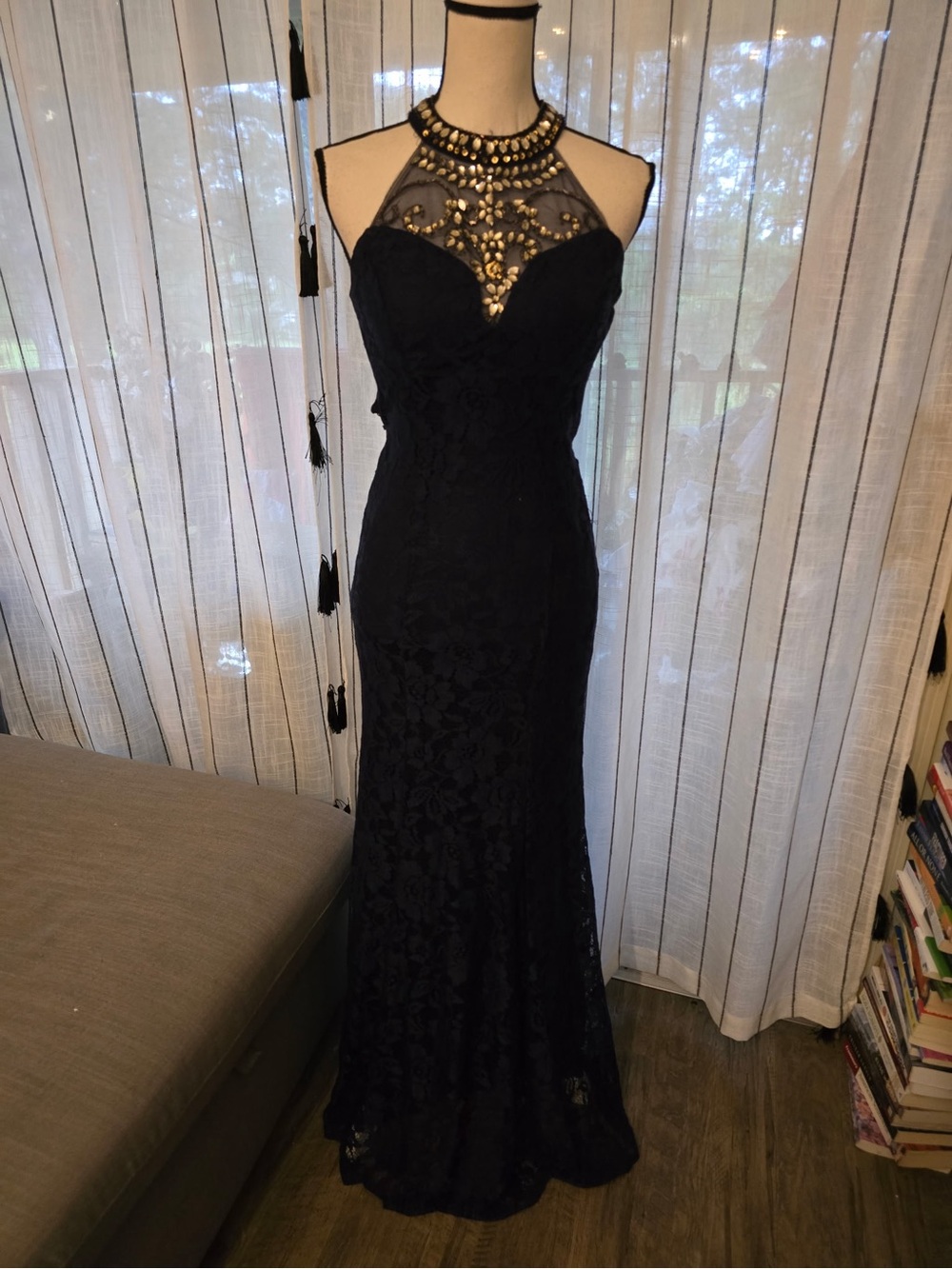 B Darlin Black Lace Halter Prom Gown with Gold Jeweled Neckline